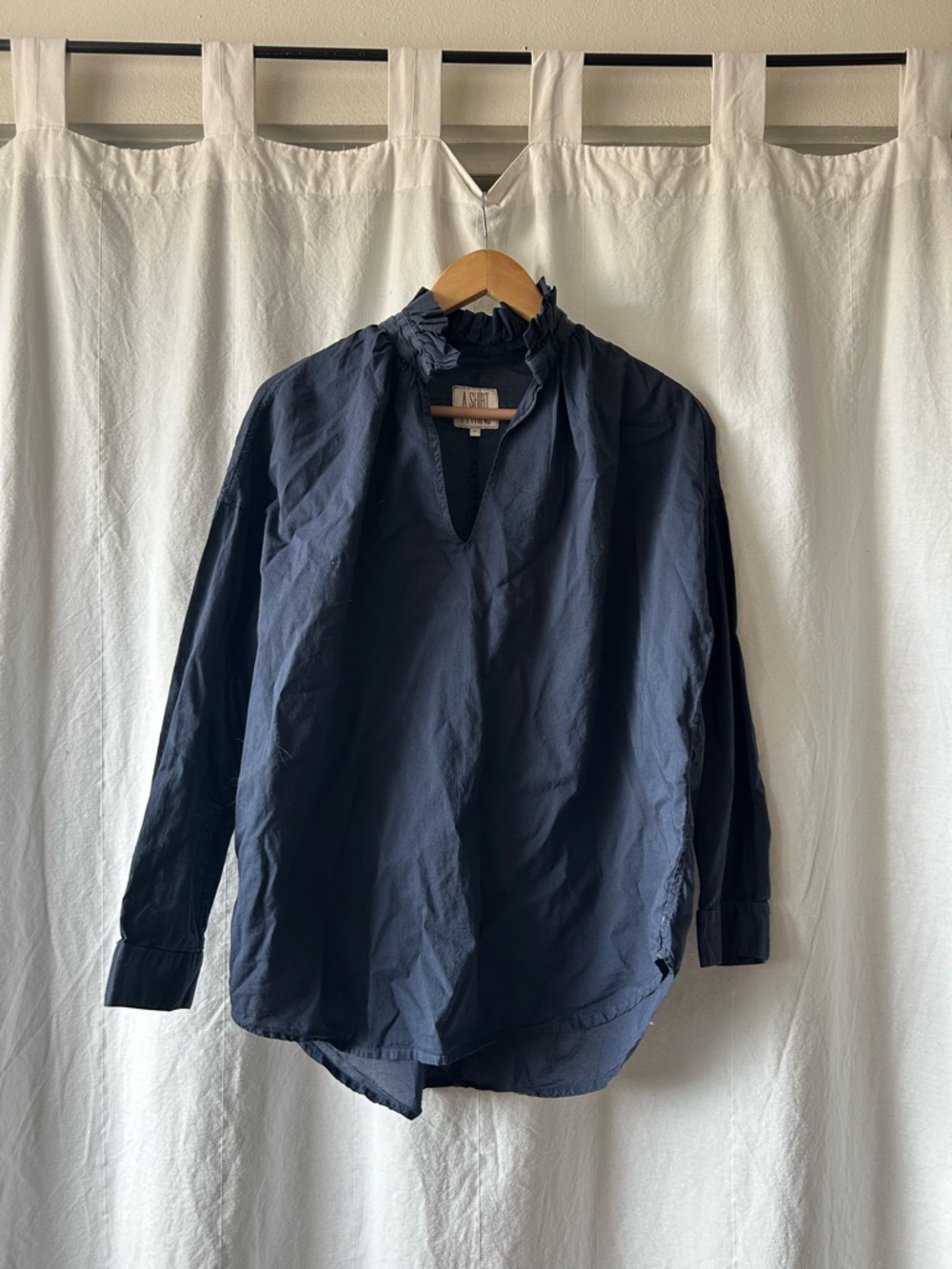 Women’s Long-Sleeve Ruffle-Neck Blouse — Navy